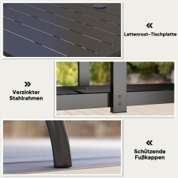 Ulkopöytä terästä 150 x 90 cm, 6 hengelle, lamellikansi ja aurinkovarjon reikä, musta