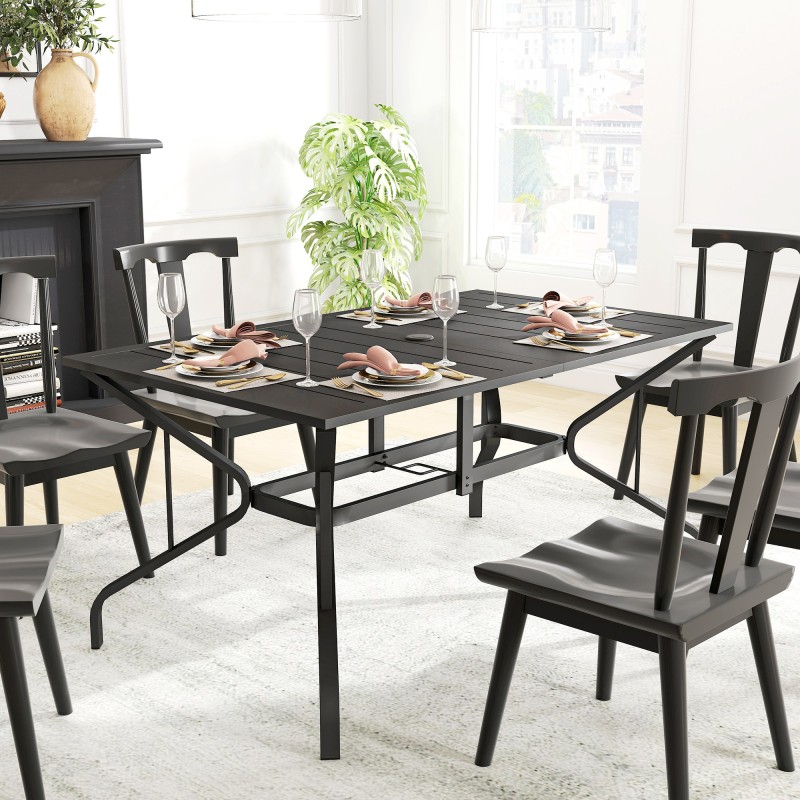 Ulkopöytä terästä 150 x 90 cm, 6 hengelle, lamellikansi ja aurinkovarjon reikä, musta