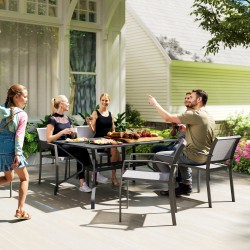 Ulkopöytä terästä 150 x 90 cm, 6 hengelle, lamellikansi ja aurinkovarjon reikä, musta