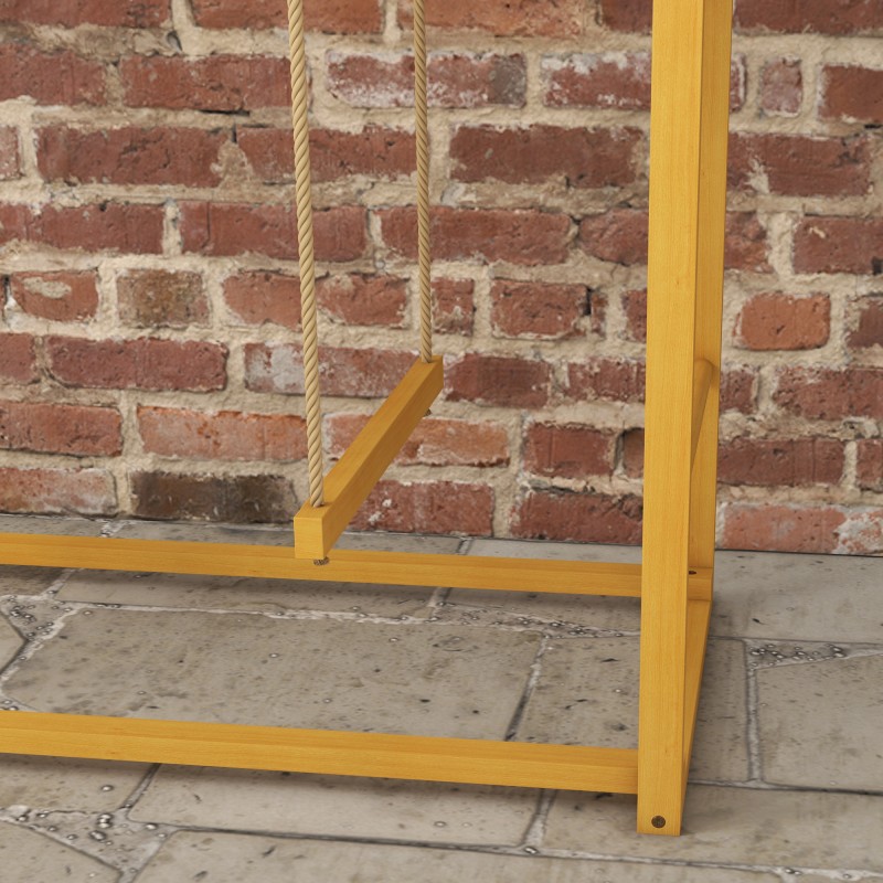 Kanateline/kanakiipeilyteline 3–4 kanalle, puuta, keinuilla ja tikkailla, keltainen