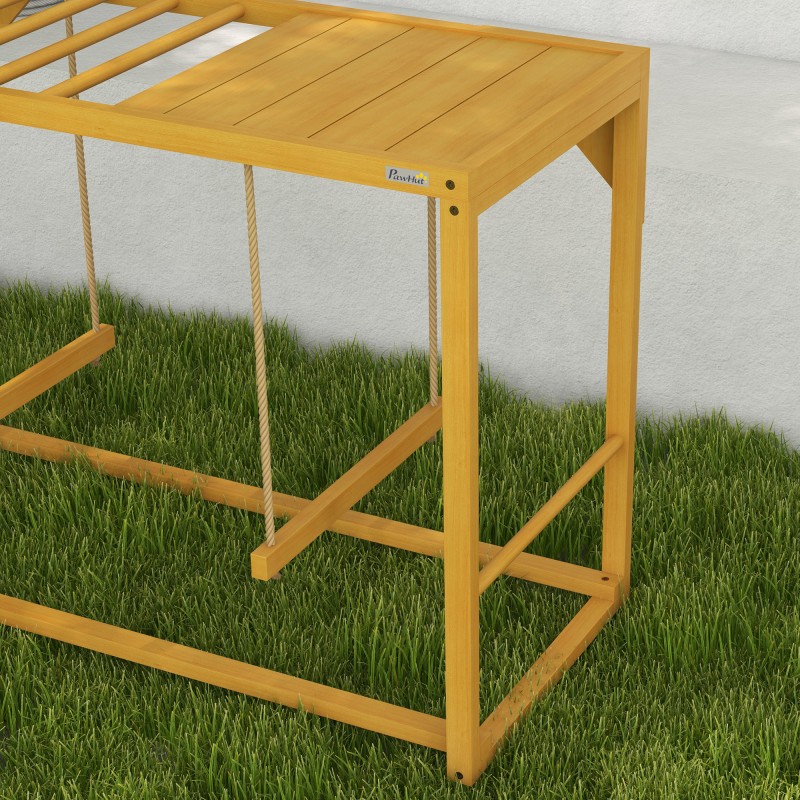 Kanateline/kanakiipeilyteline 3–4 kanalle, puuta, keinuilla ja tikkailla, keltainen