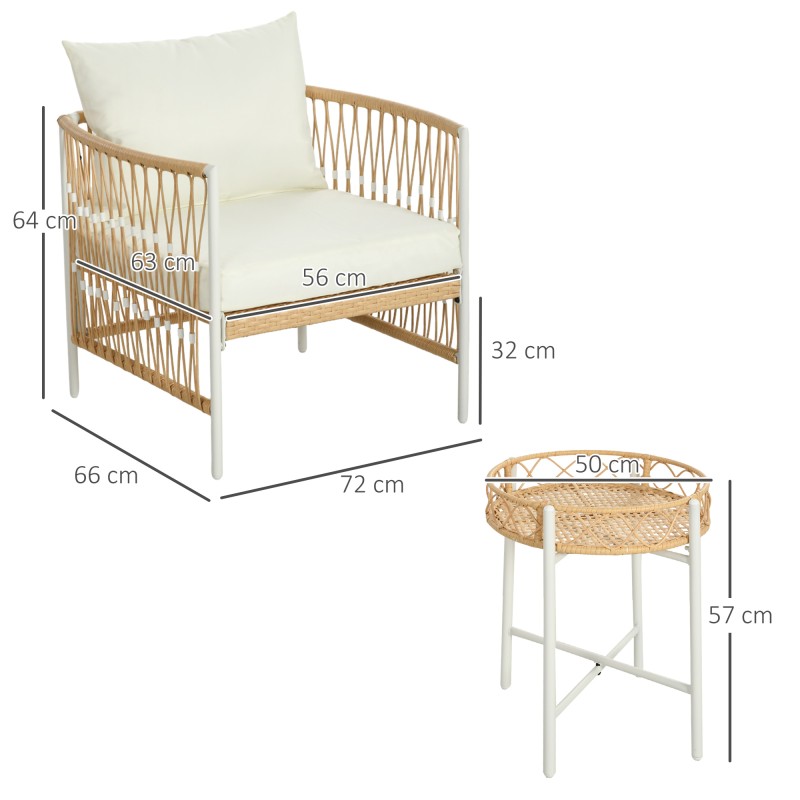 Puutarhan bistrosetti 3-osainen, PE-rottinki, teräsrunko, tuoli 72x66x64 cm, keltainen/creme