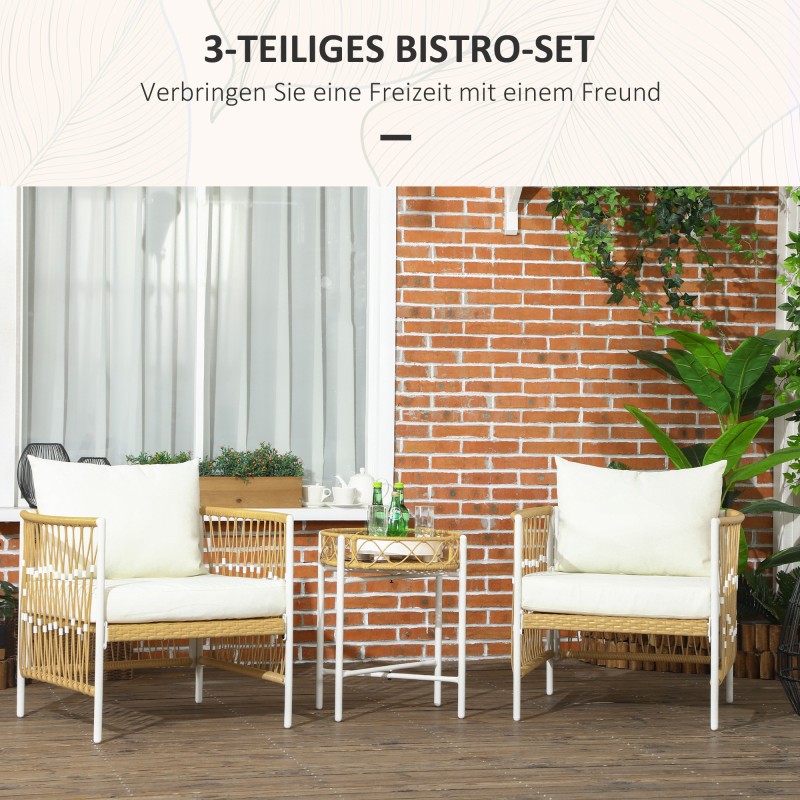 Puutarhan bistrosetti 3-osainen, PE-rottinki, teräsrunko, tuoli 72x66x64 cm, keltainen/creme