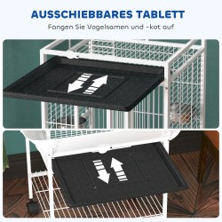 Papukaijahäkki sisäkäyttöön terästä 62,5 x 62,5 x 156 cm 4 ruokakupilla ja pyörillä valkoinen