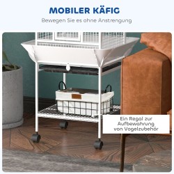 Papukaijahäkki sisäkäyttöön terästä 62,5 x 62,5 x 156 cm 4 ruokakupilla ja pyörillä valkoinen