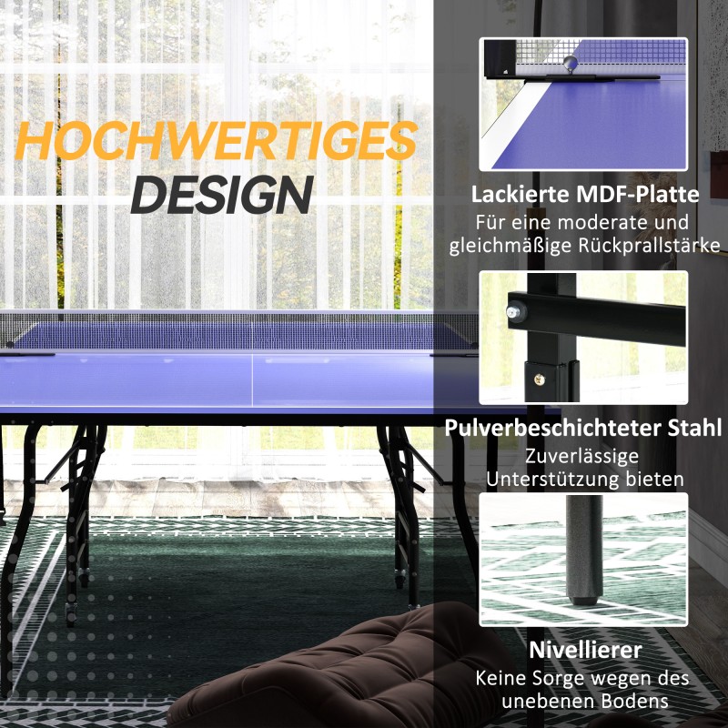 Pöytätennispöytä taittuva teräsrunko MDF 274 x 152,5 x 76 cm sininen verkko 2 mailaa 3 palloa