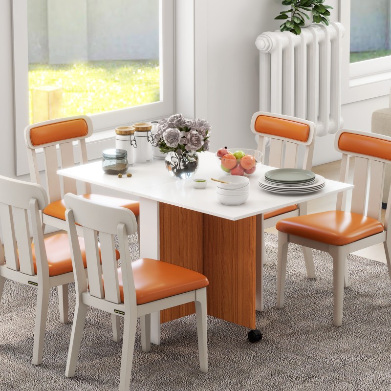 Jatkettava taitettava ruokapöytä pyörillä lastulevy 120 x 80 x 73 cm teak–valkoinen