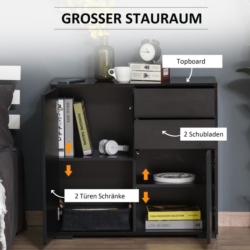 Säilytyskaappi 2 laatikkoa ja 2 ovea, lastulevy, 79 x 36 x 74 cm, musta korkeakiilto