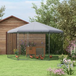 Kanojen ulkotarha 10–15 eläimelle, sinkitty teräs, varjostava katos, 400 x 346 x 263 cm, hopea