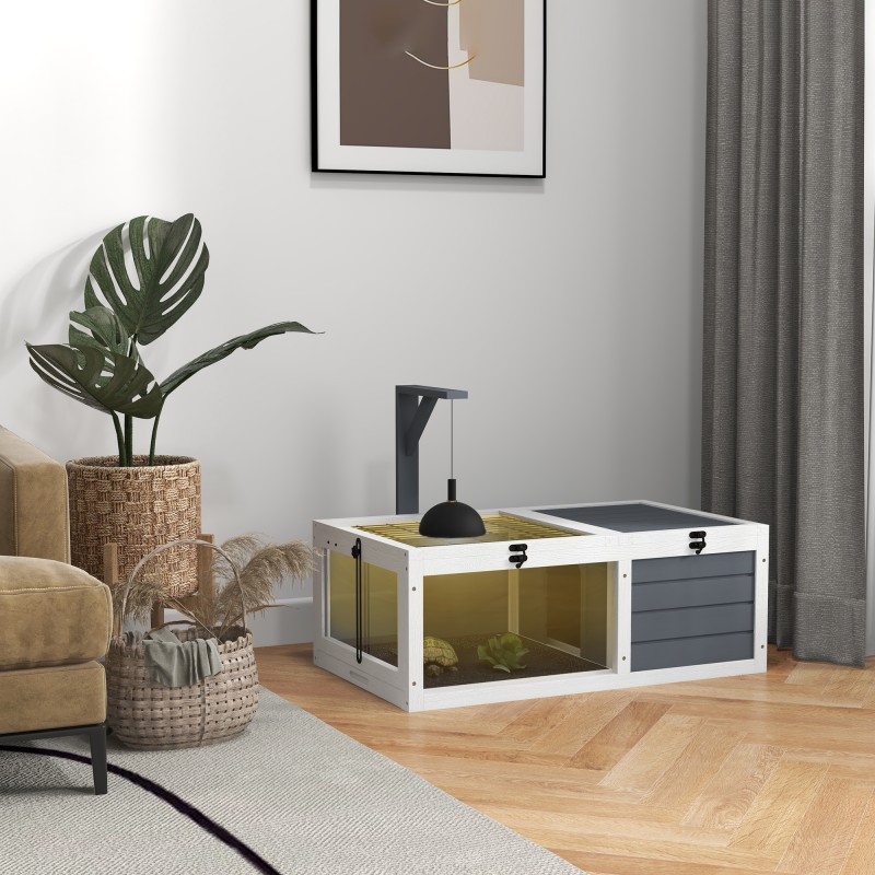 Kilpikonnien terraario kahdella osastolla, kuusipuu, akryyli-ikkunat, 81 x 48 x 31,5 cm, harmaa-valkoinen