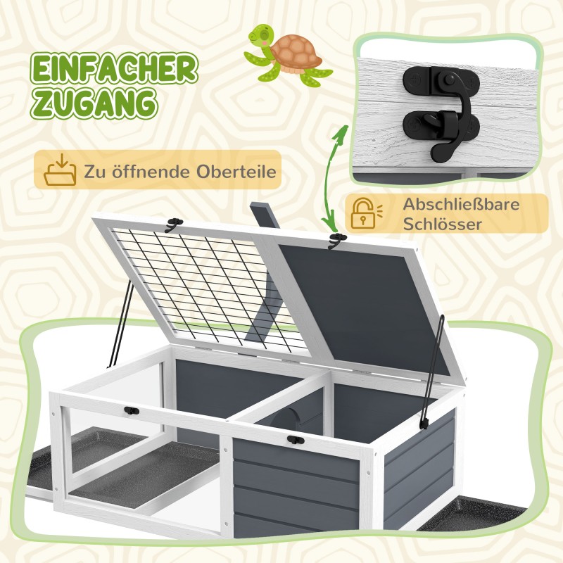 Kilpikonnien terraario kahdella osastolla, kuusipuu, akryyli-ikkunat, 81 x 48 x 31,5 cm, harmaa-valkoinen