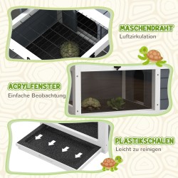 Kilpikonnien terraario kahdella osastolla, kuusipuu, akryyli-ikkunat, 81 x 48 x 31,5 cm, harmaa-valkoinen