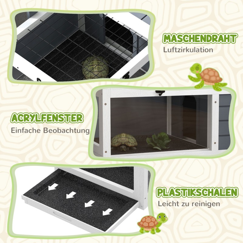 Kilpikonnien terraario kahdella osastolla, kuusipuu, akryyli-ikkunat, 81 x 48 x 31,5 cm, harmaa-valkoinen