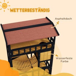 Kissatalo ulkokäyttöön 2 kissalle, puuta, tasot ja riippusilta, 84 x 60 x 116 cm, keltainen/musta/punainen