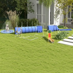 Koirien agilitysetti 7-osainen, muovi, säädettävät esteet ja hypyrengas, 2 tunnelia, sininen valkoinen oranssi