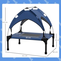 Koiran ulkosänky katoksella, korotettu verkkopeti, 61 x 46 x 63 cm, tummansininen