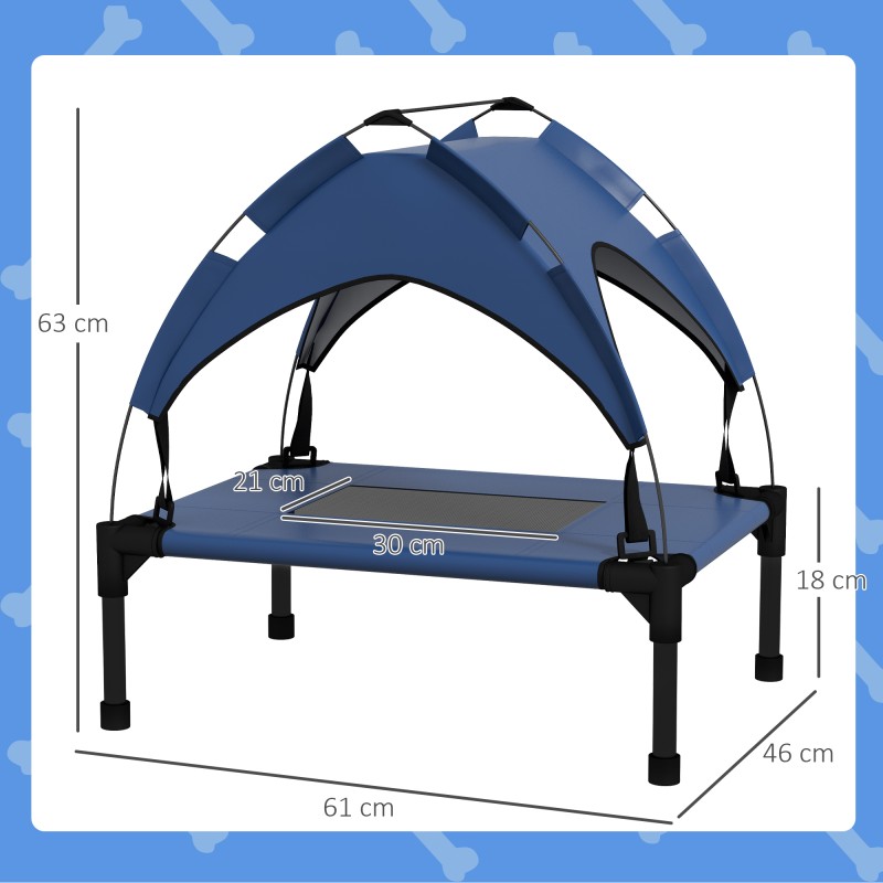 Koiran ulkosänky katoksella, korotettu verkkopeti, 61 x 46 x 63 cm, tummansininen