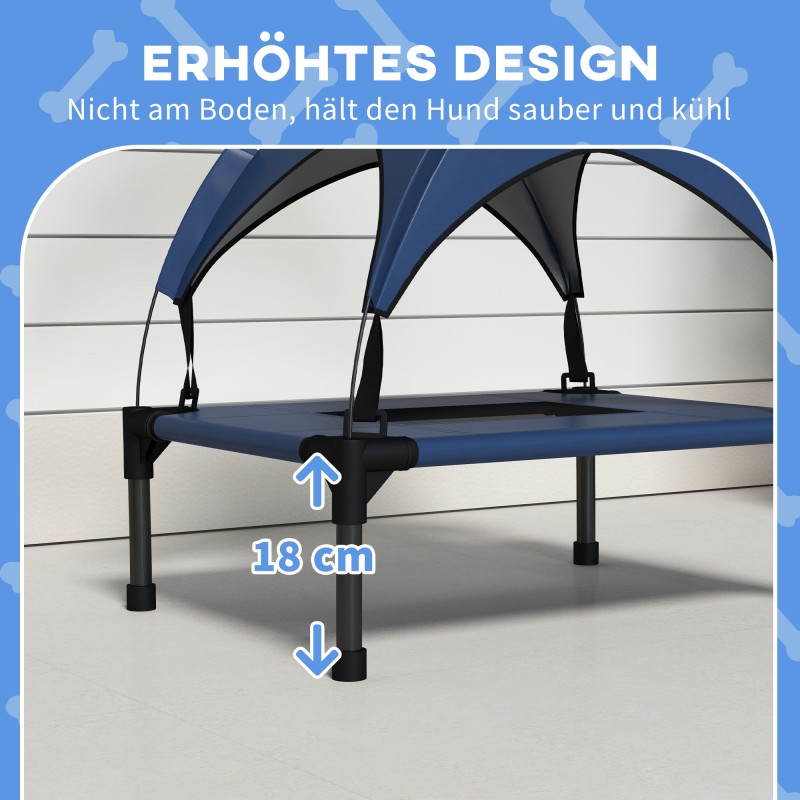 Koiran ulkosänky katoksella, korotettu verkkopeti, 61 x 46 x 63 cm, tummansininen