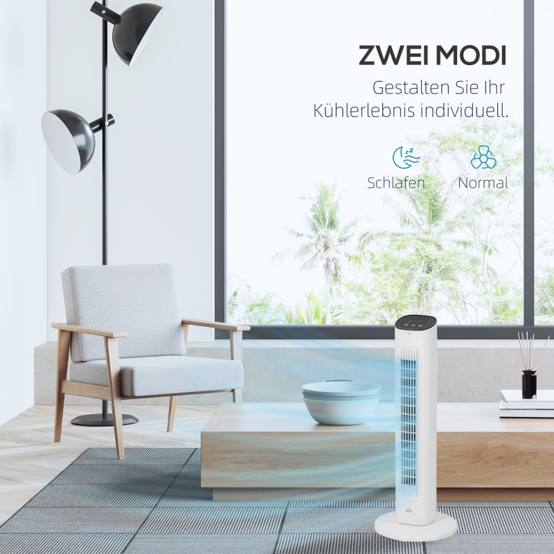 Tornituuletin kaukosäätimellä, 3 nopeutta, 2 tilaa, ajastin, 85° oskillointi, 78 cm, valkoinen