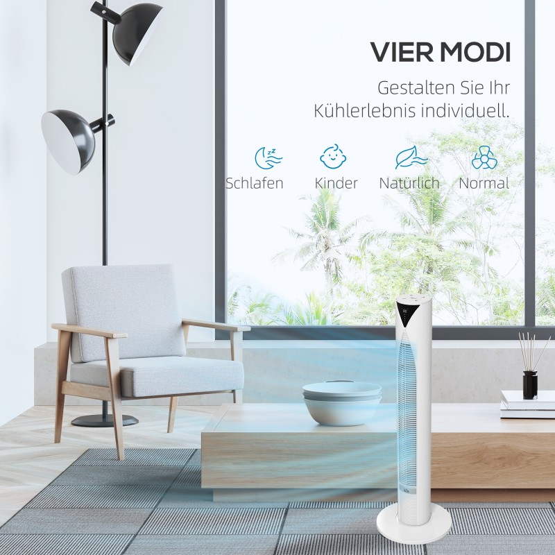 Tornituuletin kaukosäädöllä, 70° oskillointi, 4 tilaa, 3 nopeutta, ajastin 12 h, valkoinen