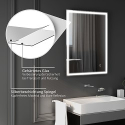 Valaistu kylpyhuoneen peili 90x70 cm LED, huurteenesto, 3 värilämpötilaa, hopea