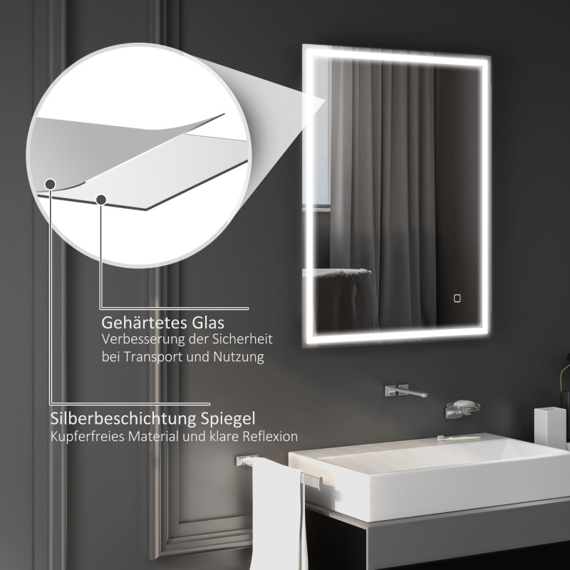 Valaistu kylpyhuoneen peili 90x70 cm LED, huurteenesto, 3 värilämpötilaa, hopea
