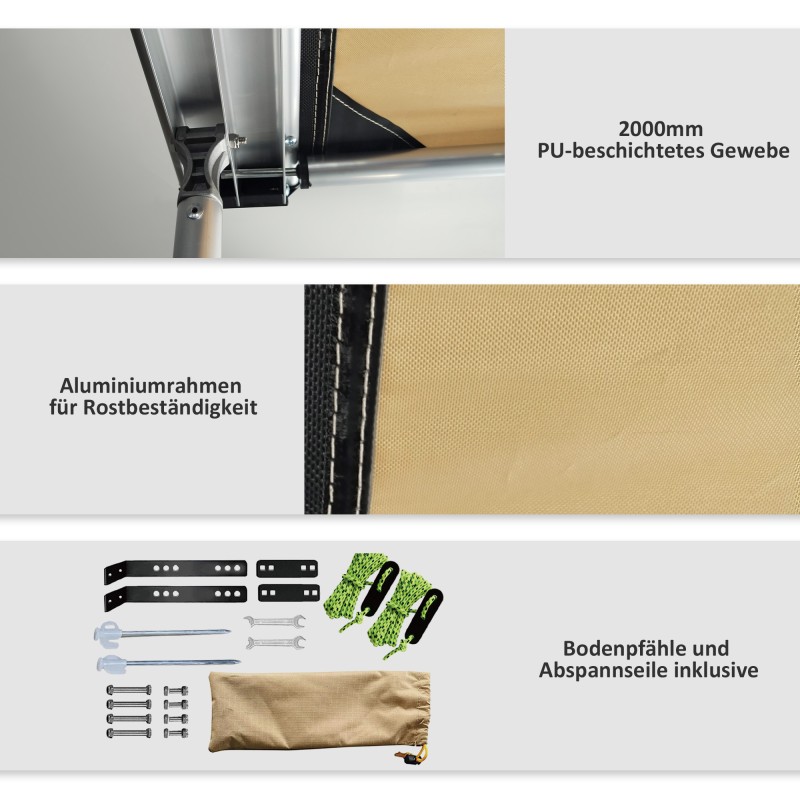 Auton sivuteltta katosteltta ulkoteltaksi, Oxford-kangas 160 x 250 x 125–225 cm, khaki