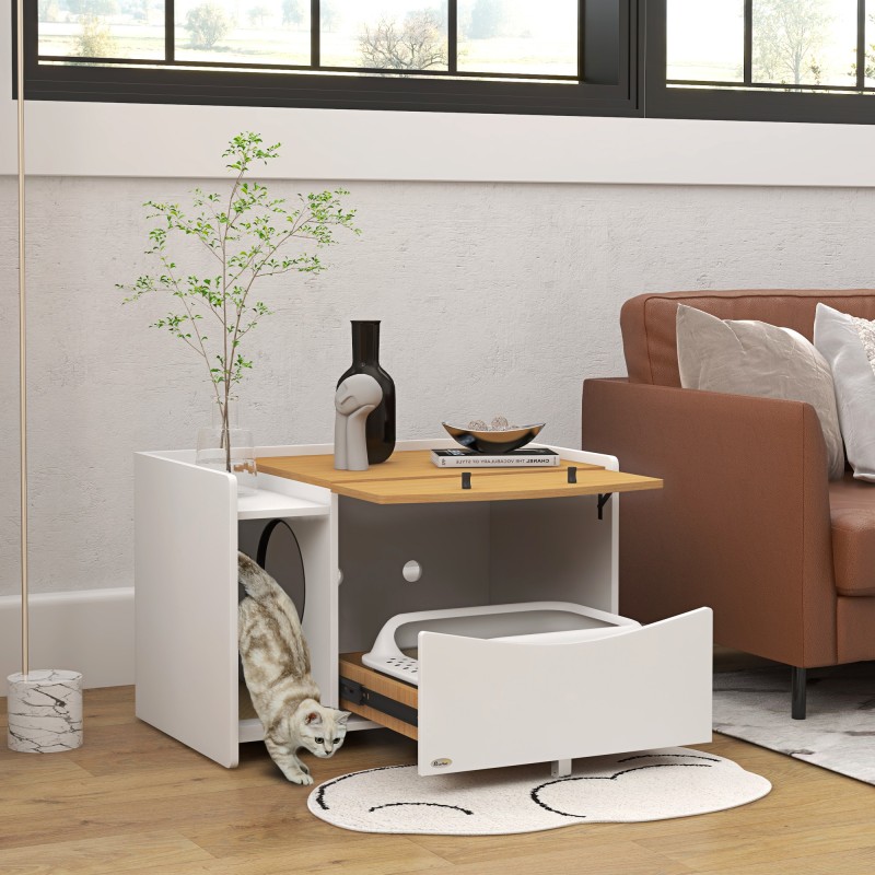 Kissanhiekkalaatikon kaappi sivupöytänä, lastulevy, 78x50x51 cm, tammi/valkoinen