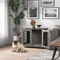 Koirankoppi sisäkäyttöön metallia lastulevyllä, makuualusta, keskikokoisille koirille, 80 x 56 x 63 cm, harmaa/puukuvio