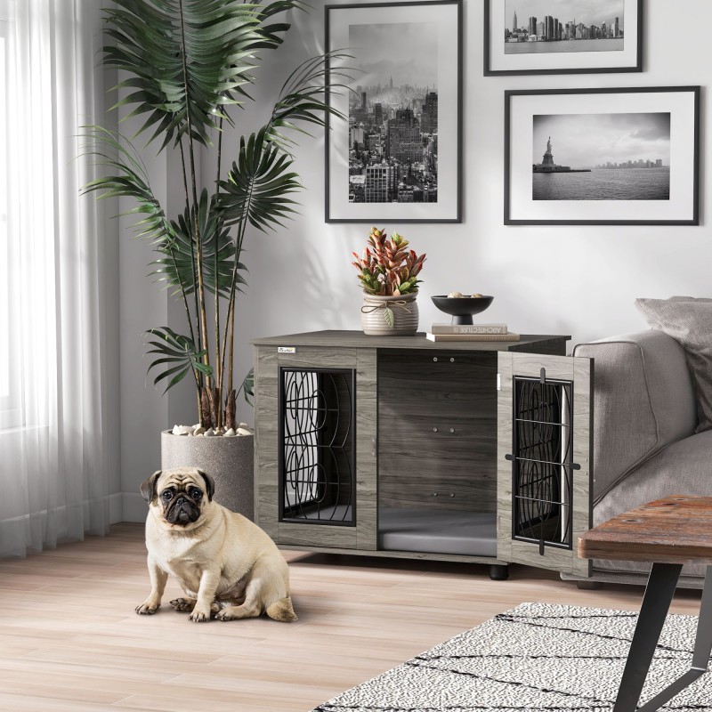 Koirankoppi sisäkäyttöön metallia lastulevyllä, makuualusta, keskikokoisille koirille, 80 x 56 x 63 cm, harmaa/puukuvio