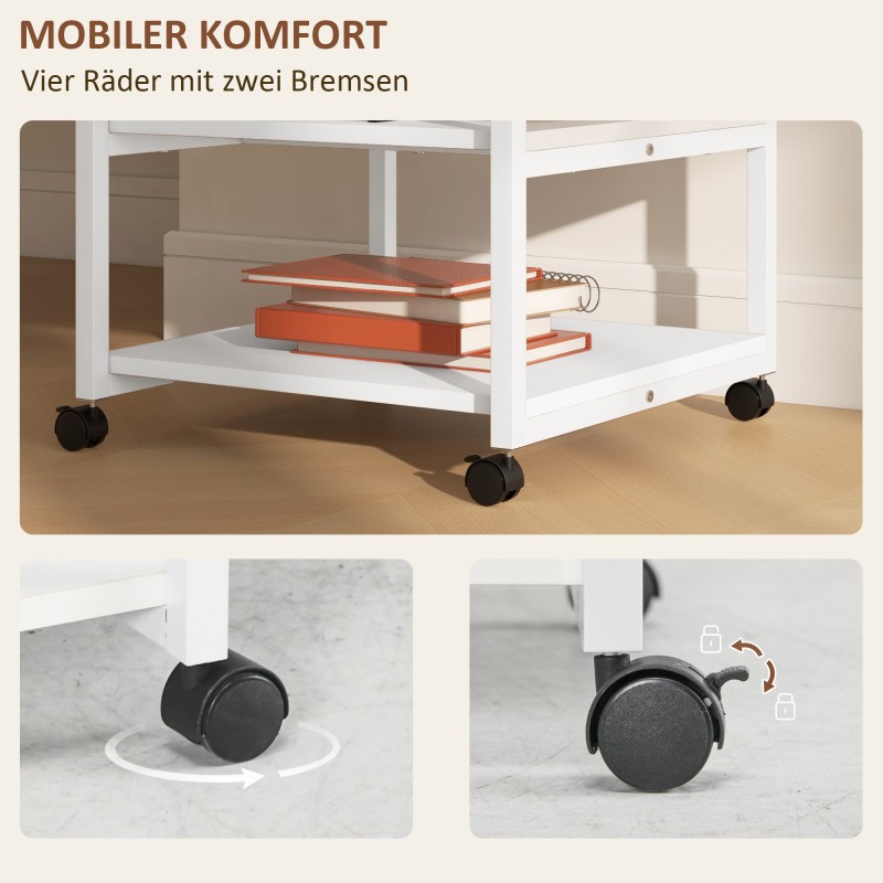 Tulostintaso pyörillä, 3-tasoinen teräsrunko, 50 x 50 x 52,5 cm, valkoinen