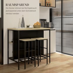 Baaripöytä ja 2 baarijakkaraa, teräsrunko, melamiinipinta, 100 x 60 x 95 cm, tammi/musta