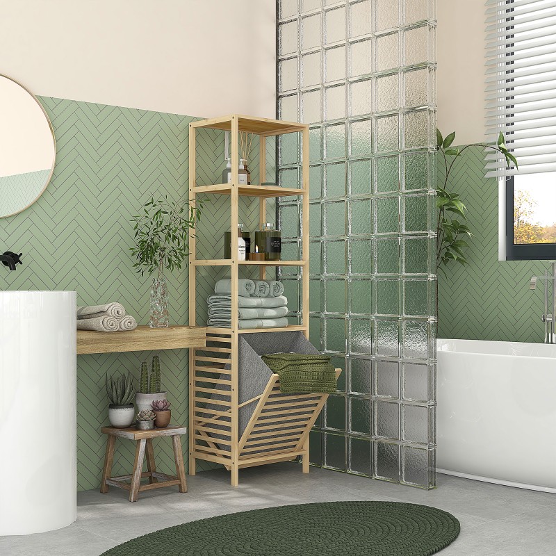 Kylpyhuoneen hyllykaappi pyykkikorilla bambua 44x33x160 cm luonnonvärinen