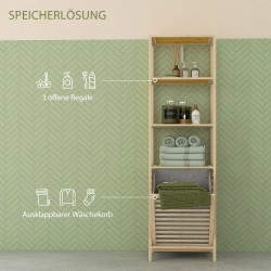 Kylpyhuoneen hyllykaappi pyykkikorilla bambua 44x33x160 cm luonnonvärinen