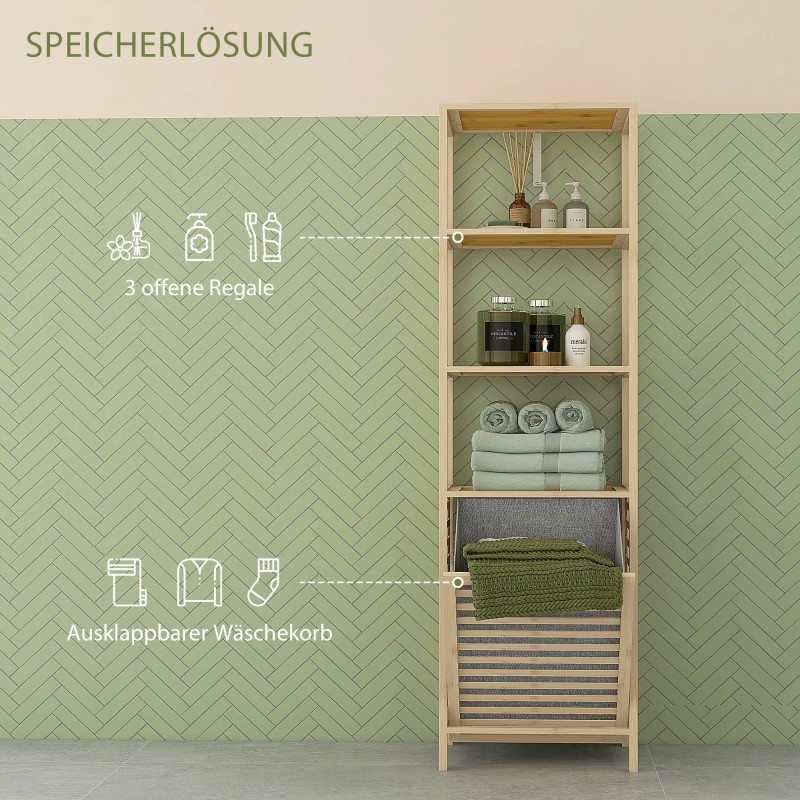 Kylpyhuoneen hyllykaappi pyykkikorilla bambua 44x33x160 cm luonnonvärinen