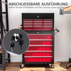 Työkalukaappi 2-osainen teräs 14 laatikkoa lukittava punainen