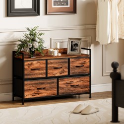 Säilytyskaluste 5 kangaslaatikolla, teräsrunko ja MDF, 98x29x63 cm, rustiikinruskea