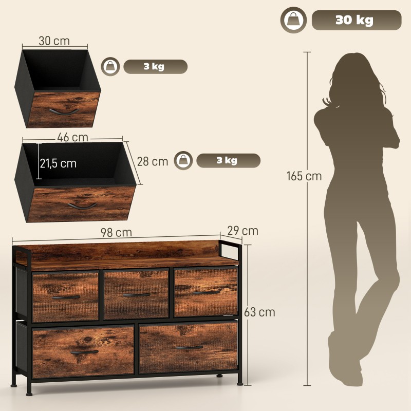Säilytyskaluste 5 kangaslaatikolla, teräsrunko ja MDF, 98x29x63 cm, rustiikinruskea