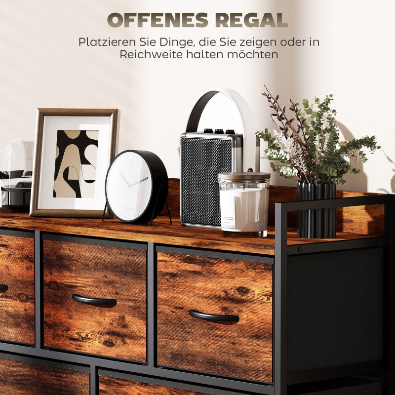 Säilytyskaluste 5 kangaslaatikolla, teräsrunko ja MDF, 98x29x63 cm, rustiikinruskea