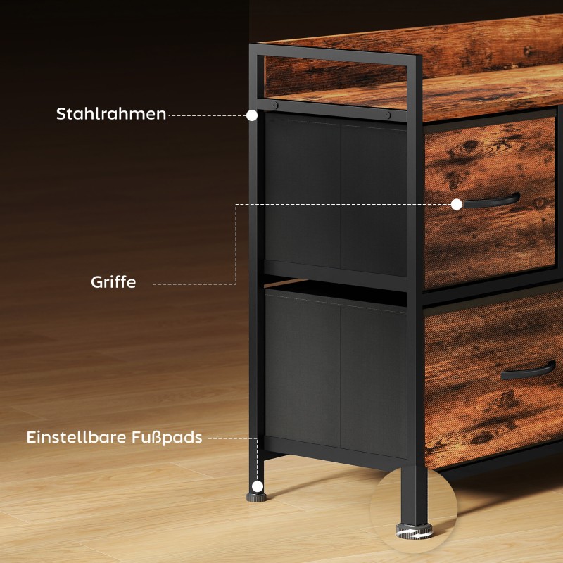 Säilytyskaluste 5 kangaslaatikolla, teräsrunko ja MDF, 98x29x63 cm, rustiikinruskea