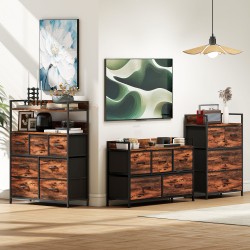 Säilytyskaluste 5 kangaslaatikolla, teräsrunko ja MDF, 98x29x63 cm, rustiikinruskea