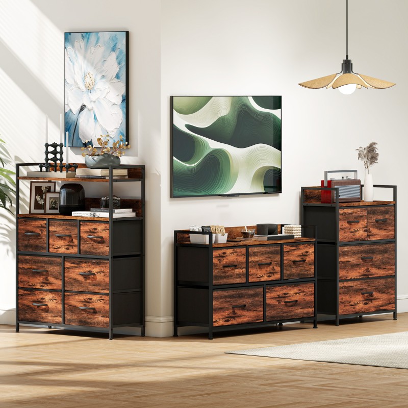 Säilytyskaluste 5 kangaslaatikolla, teräsrunko ja MDF, 98x29x63 cm, rustiikinruskea