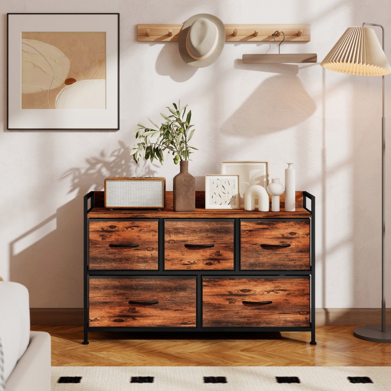 Säilytyskaluste 5 kangaslaatikolla, teräsrunko ja MDF, 98x29x63 cm, rustiikinruskea