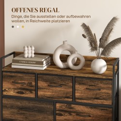 Säilytyskaluste 7 kangaslaatikolla, teräsrunko ja MDF-taso, industrial-tyyli, 98x29x85 cm, ruskea/musta