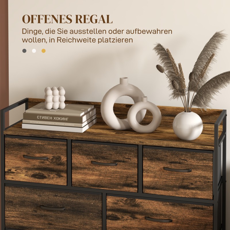 Säilytyskaluste 7 kangaslaatikolla, teräsrunko ja MDF-taso, industrial-tyyli, 98x29x85 cm, ruskea/musta