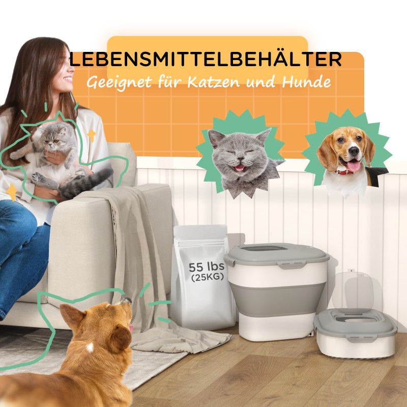 Kuivaruokasäiliö lemmikeille, taittuva, ilmatiivis, 25 l, 44 x 32 x 37 cm, harmaa, lisävarusteilla
