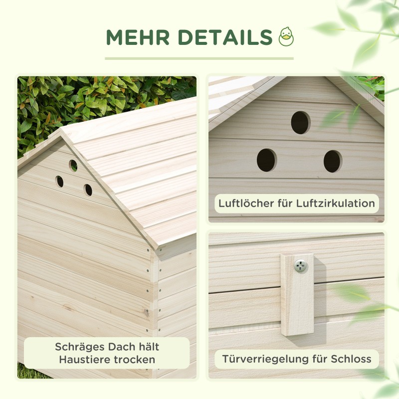 Ankkojen ulkokoppi kuusipuuta, korotettu lattia ja ramppi, avattava katto, 100 x 82,5 x 91 cm, luonnonpuu