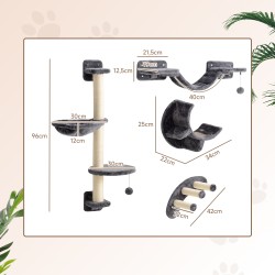 Kissan kiipeilyseinä 4-osainen seinähyllysetti riippumatolla ja sillalla, lastulevy/sisal, tummanharmaa