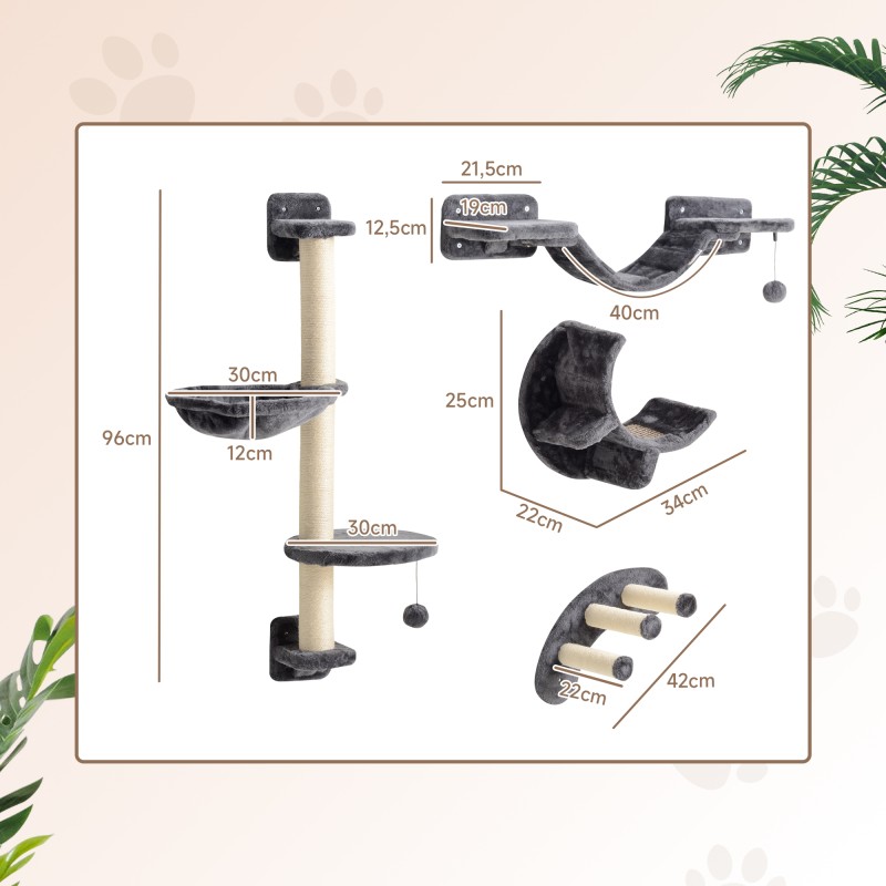 Kissan kiipeilyseinä 4-osainen seinähyllysetti riippumatolla ja sillalla, lastulevy/sisal, tummanharmaa