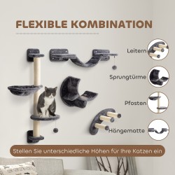 Kissan kiipeilyseinä 4-osainen seinähyllysetti riippumatolla ja sillalla, lastulevy/sisal, tummanharmaa